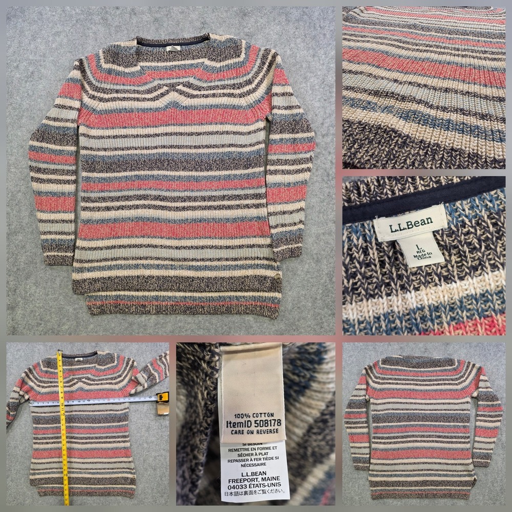 LL Bean Sweater Womens Large Multicolor Stripe 100% Cotton Knit Crewneck